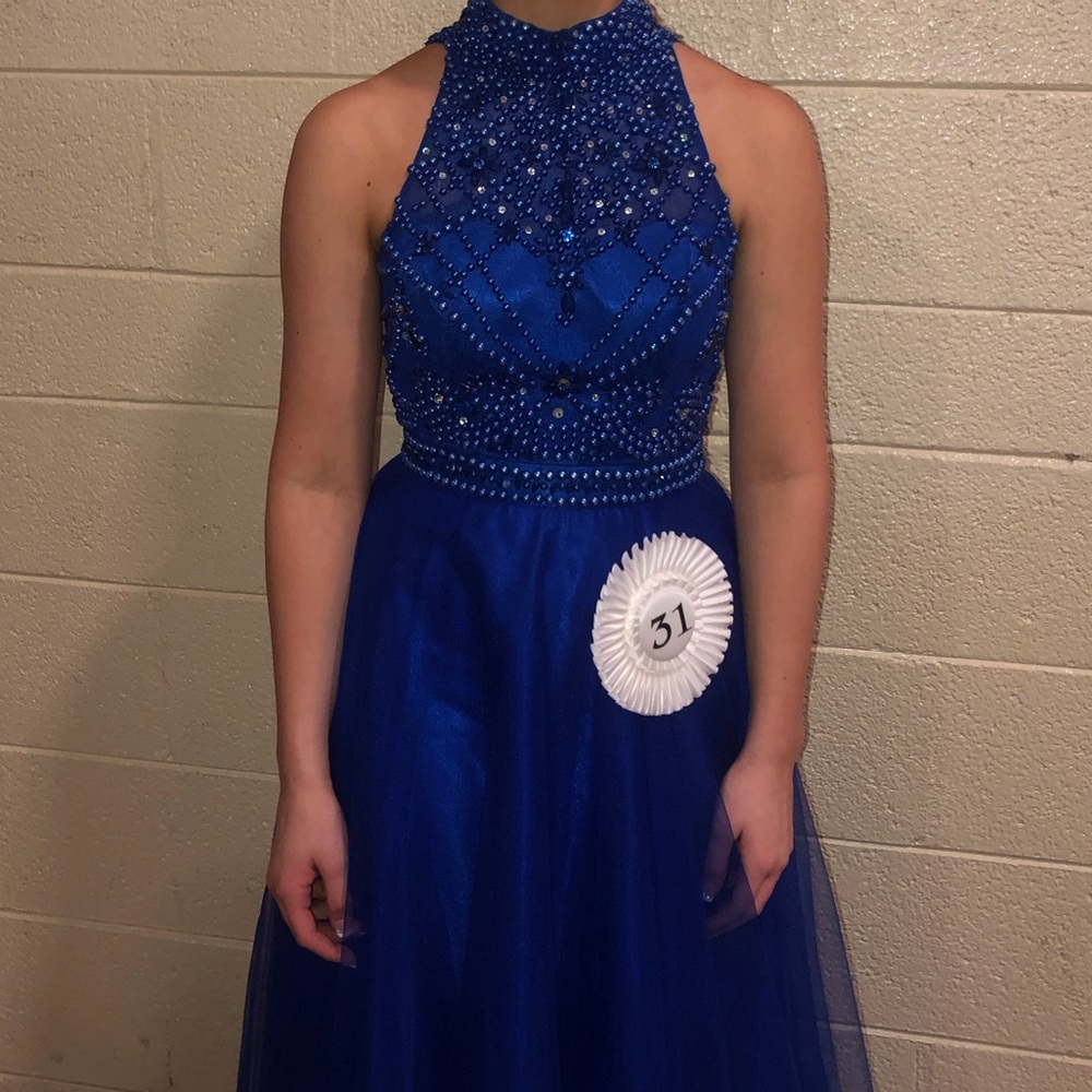 Royal Blue beaded, high neck prom/pageant dress